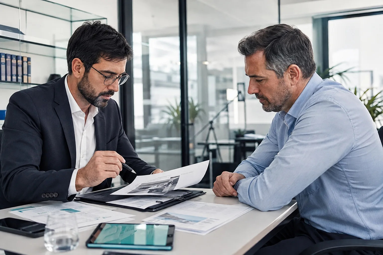 Asesor analizando riesgos y necesidades de seguros con clientes